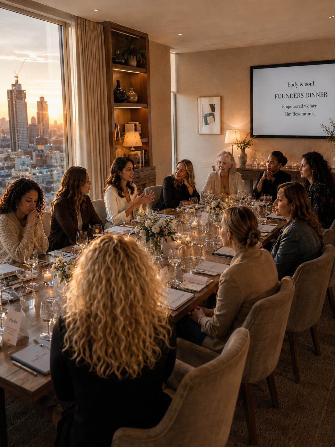 Women gathered at a Body & Soul founders dinner at golden hour.