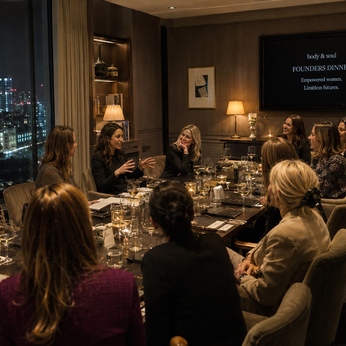 Women at a candlelit founders' dinner above the city at night, Body & Soul membership.